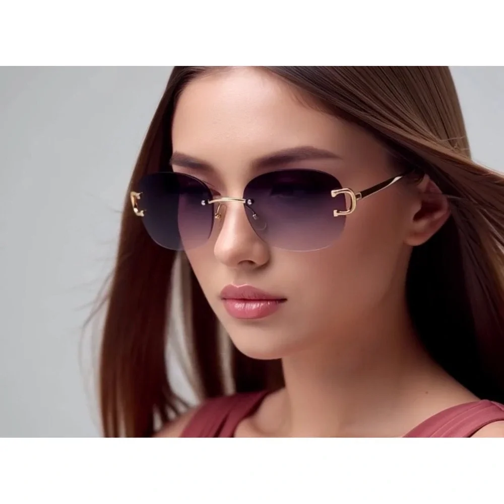 Classic Elegant Modern Sophisticated SUNGLASSES Rimless Gold Frame Black Lens‎